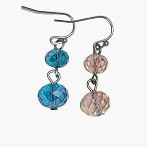 Gender Reveal Earrings Dangle Drop Faceted AB Beads Blue Pink Pierced Hook